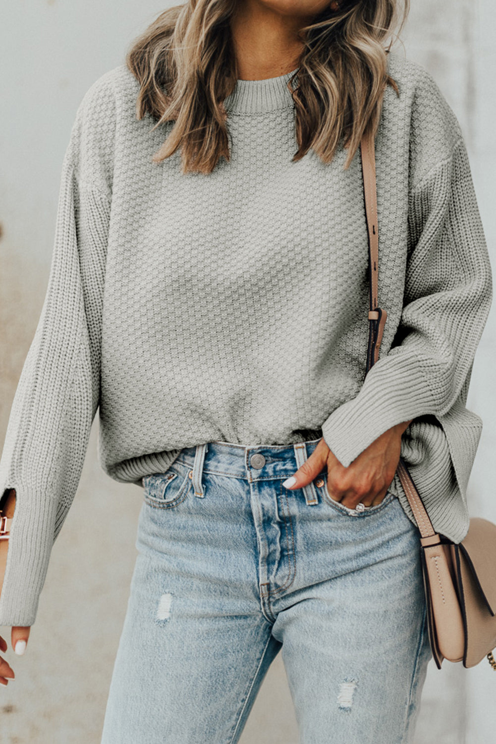 Textured Round Neck Long Sleeve Sweater - Charming Charlie