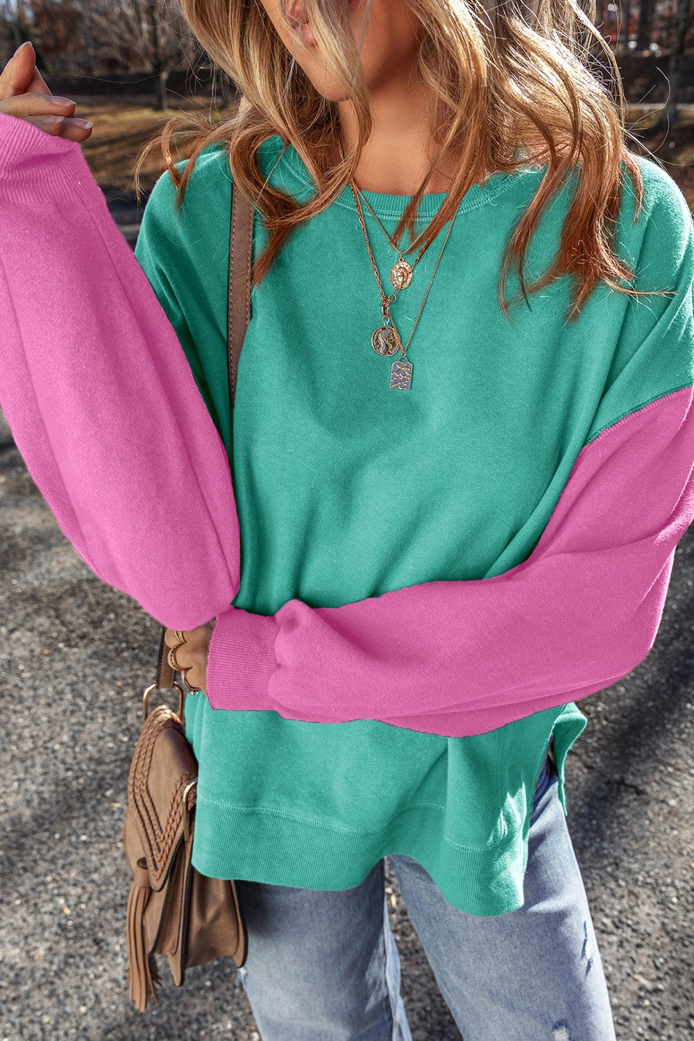 Contrast Round Neck Long Sleeve Sweatshirt - Charming Charlie