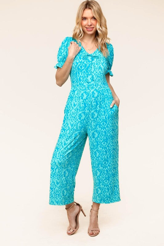 PLUS Spring Vibes Aqua Ikat Print Ruffle Sleeve Wide Leg Jumpsuit - Charming Charlie