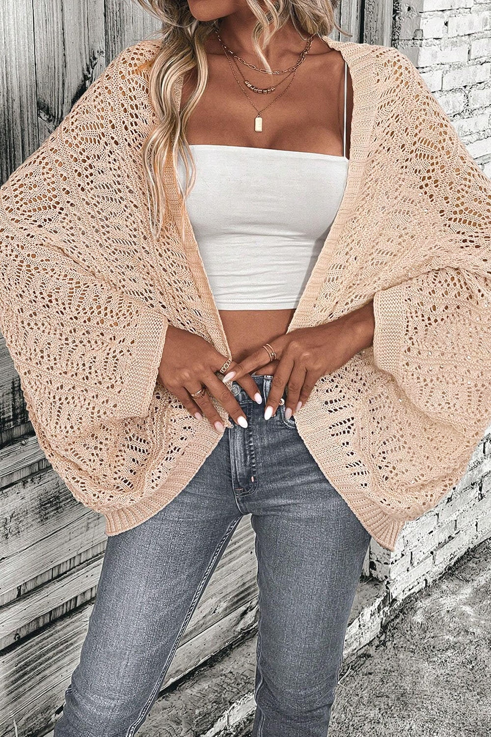 Openwork Open Front Long Sleeve Cardigan - Charming Charlie