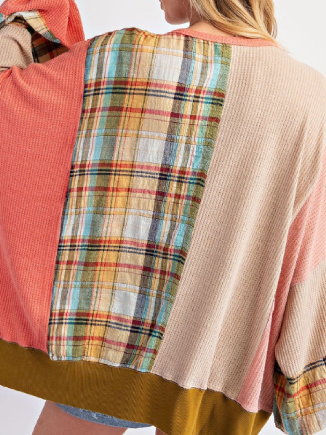 Slit Plaid Round Neck Long Sleeve Sweatshirt - Charming Charlie
