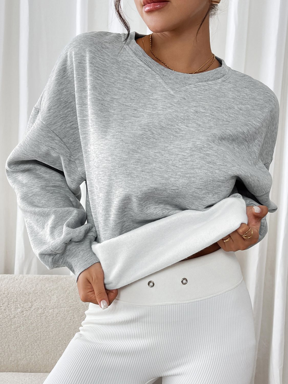 Perfee Round Neck Long Sleeve Sweatshirt - Charming Charlie