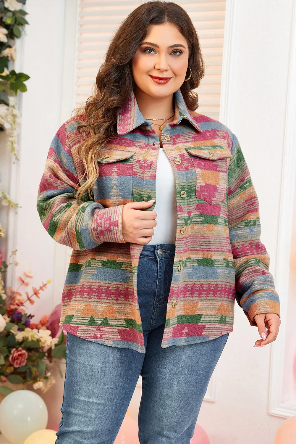 Plus Size Pocketed Printed Collared Neck Jacket - Charming Charlie