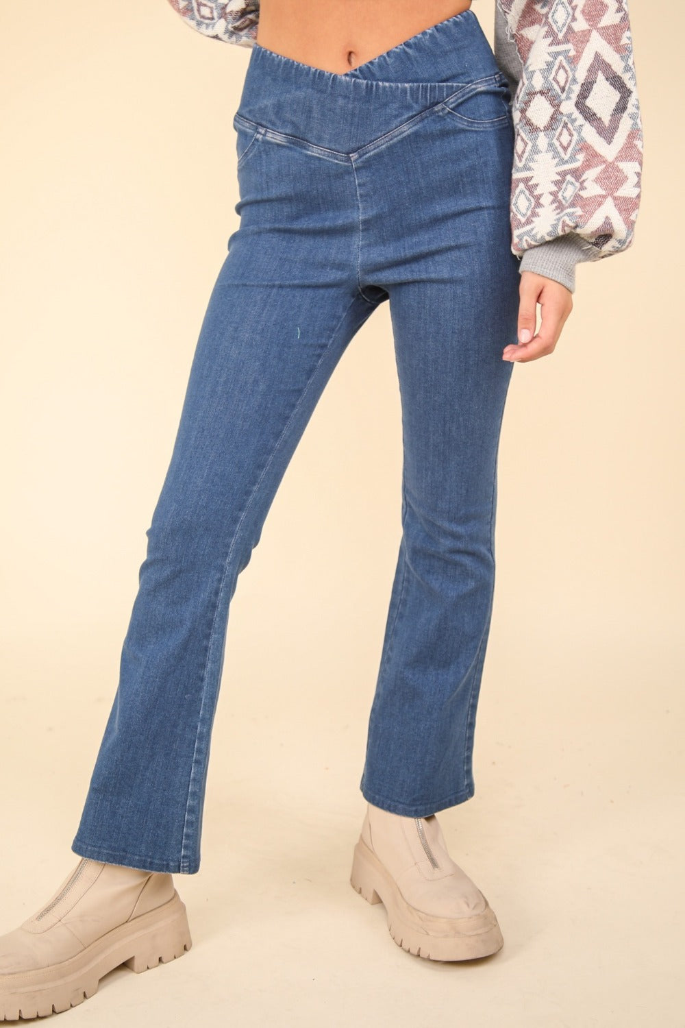 VERY J Washed Denim Stretchy Crossover Waist Leggings - Charming Charlie
