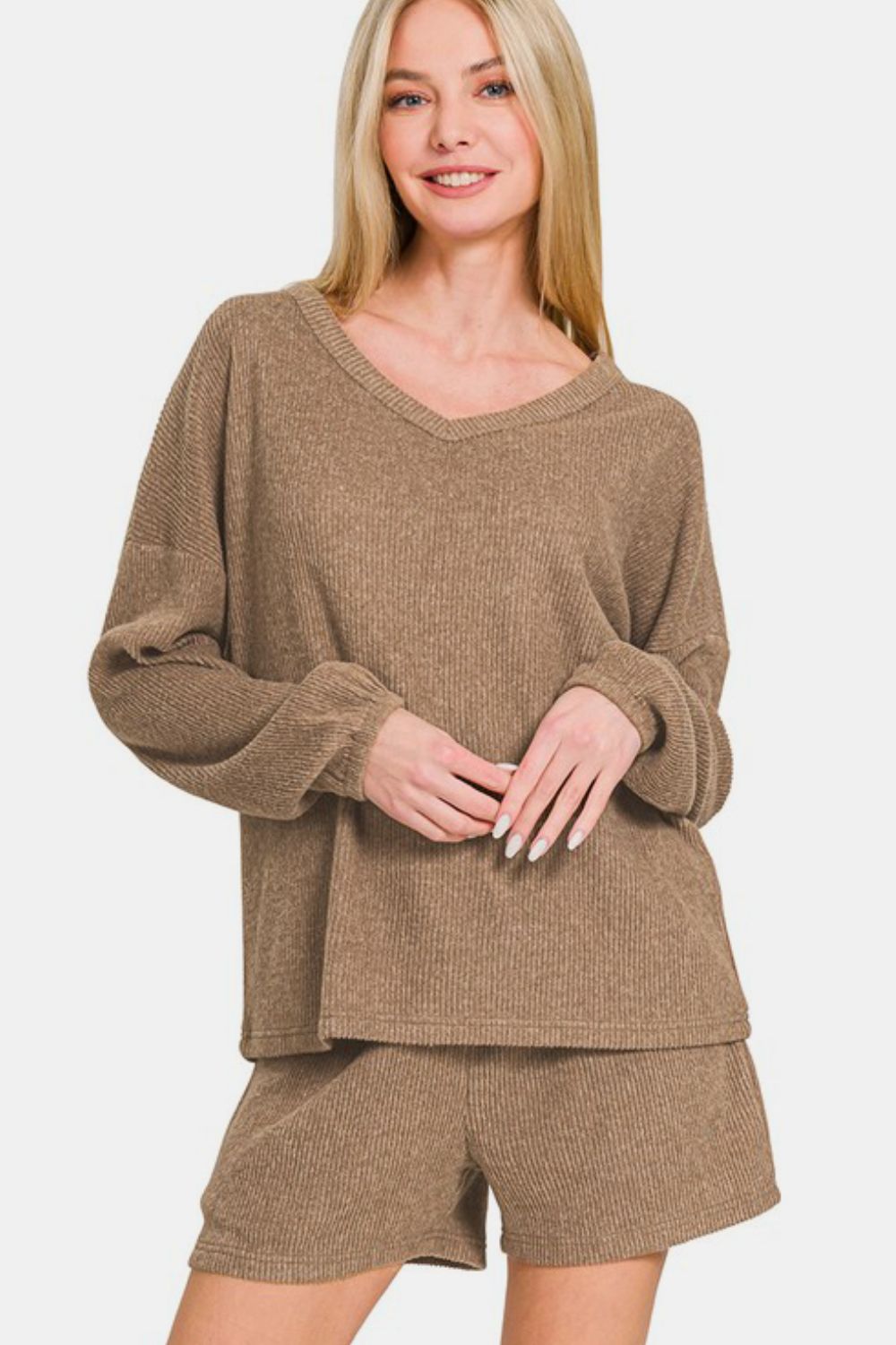 Zenana V-Neck Long Sleeve Ribbed Top and Shorts Set - Charming Charlie