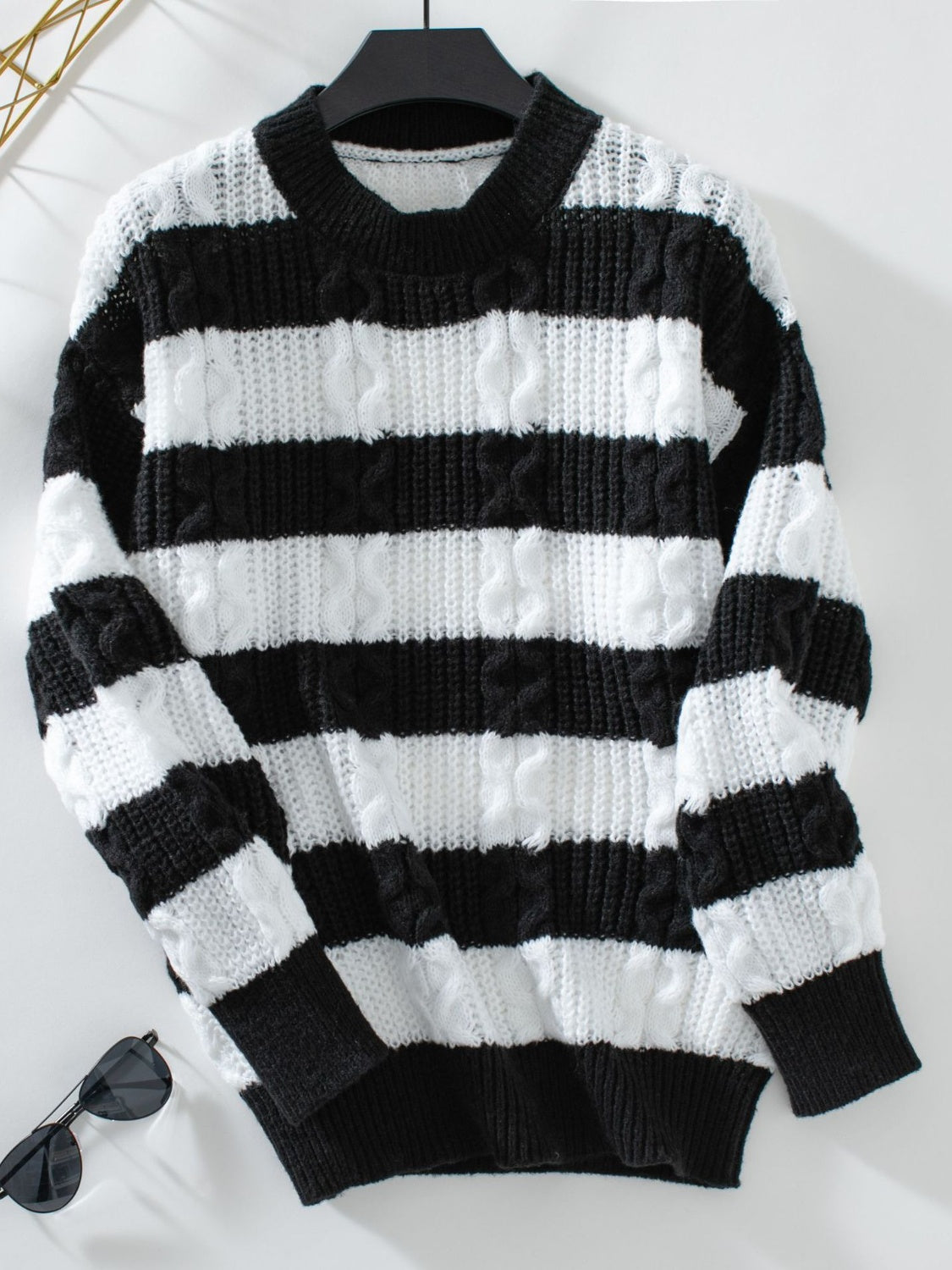 Striped Round Neck Long Sleeve Sweater - Charming Charlie