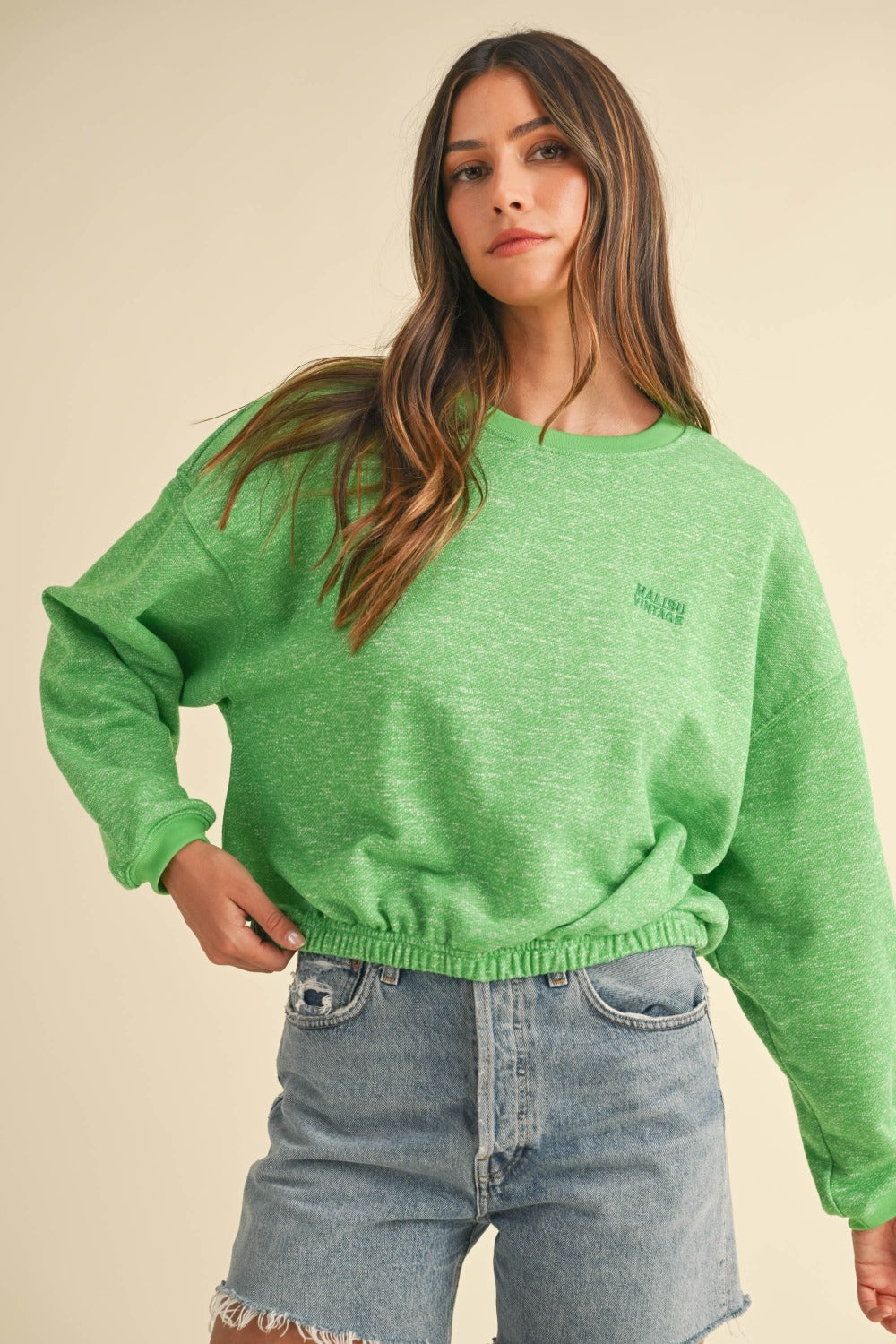 Mable Round Neck Letter Embroidery Crop Sweatshirt - Charming Charlie