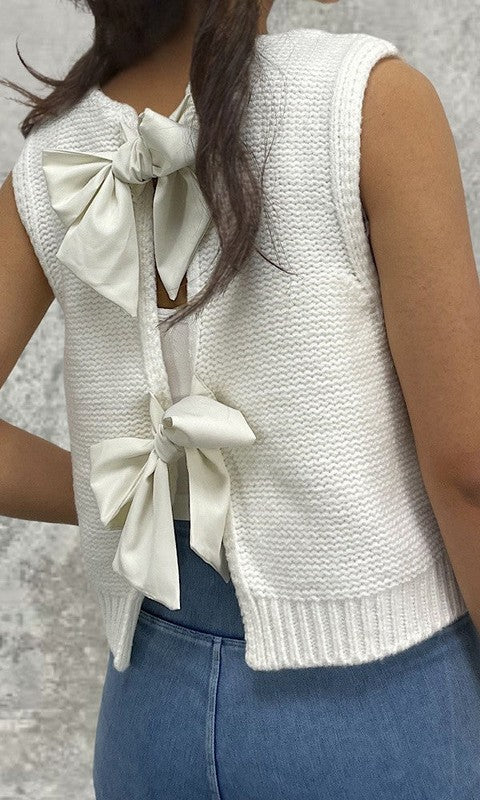 Bow Slit Back Round Neck Sweater