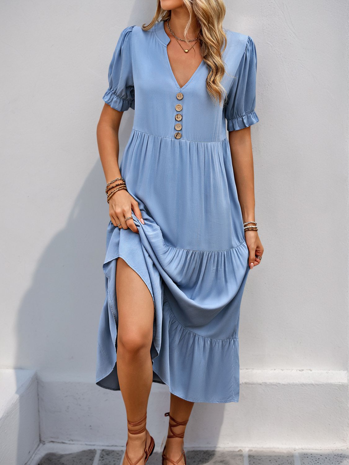 Perfee Decorative Button Notched Short Sleeve Midi Dress - Charming Charlie