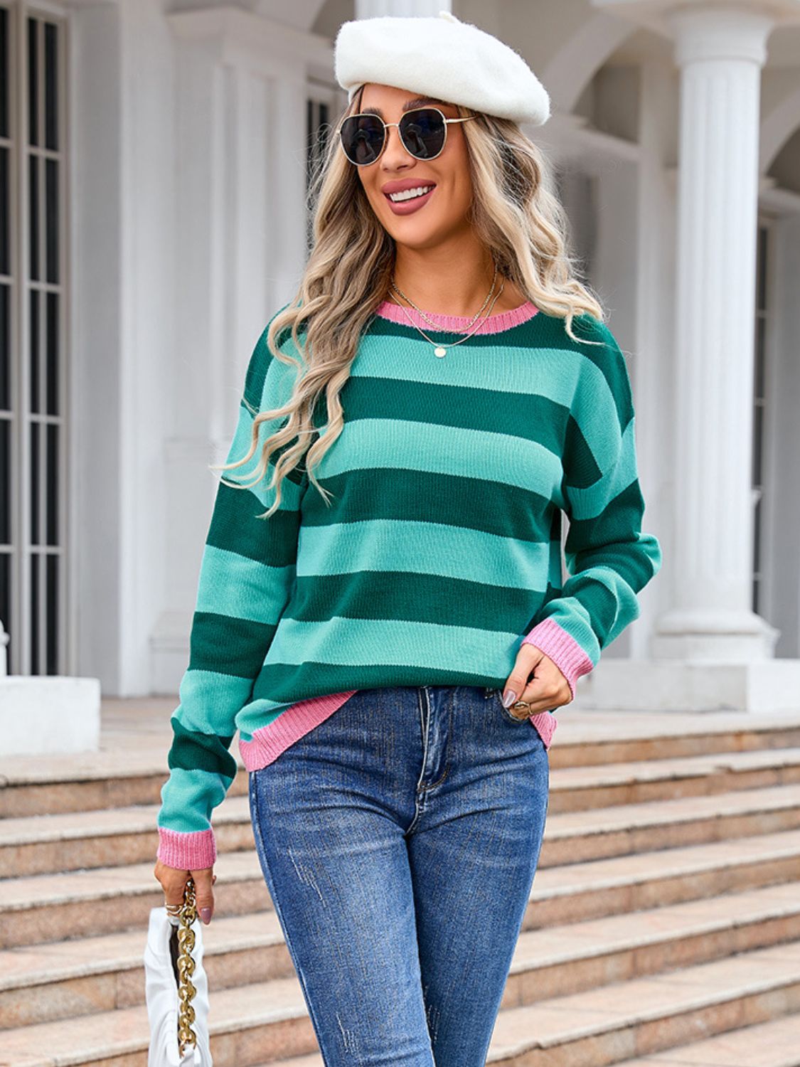 Striped Round Neck Dropped Shoulder Sweater - Charming Charlie