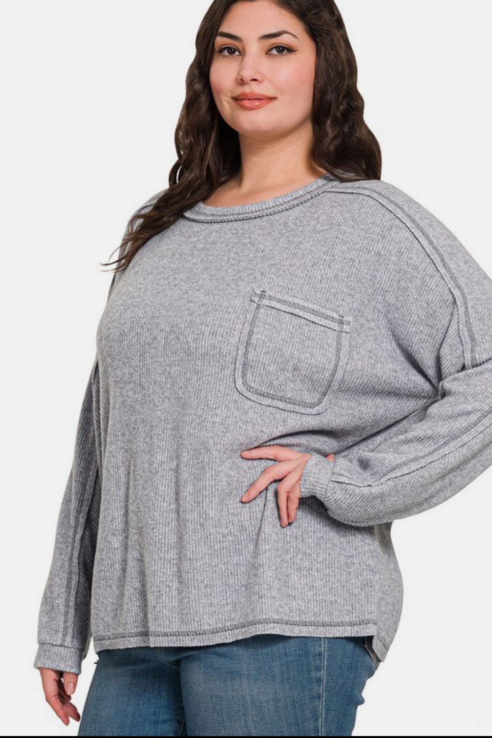 Zenana Full Size Contrast Stitching Brushed Ribbed Hacci Knit Top - Charming Charlie