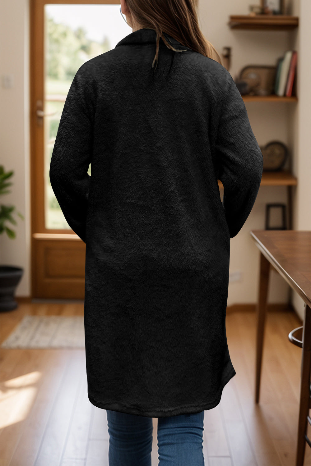 Full Size One Button Long Sleeve Longline Plush Coat - Charming Charlie