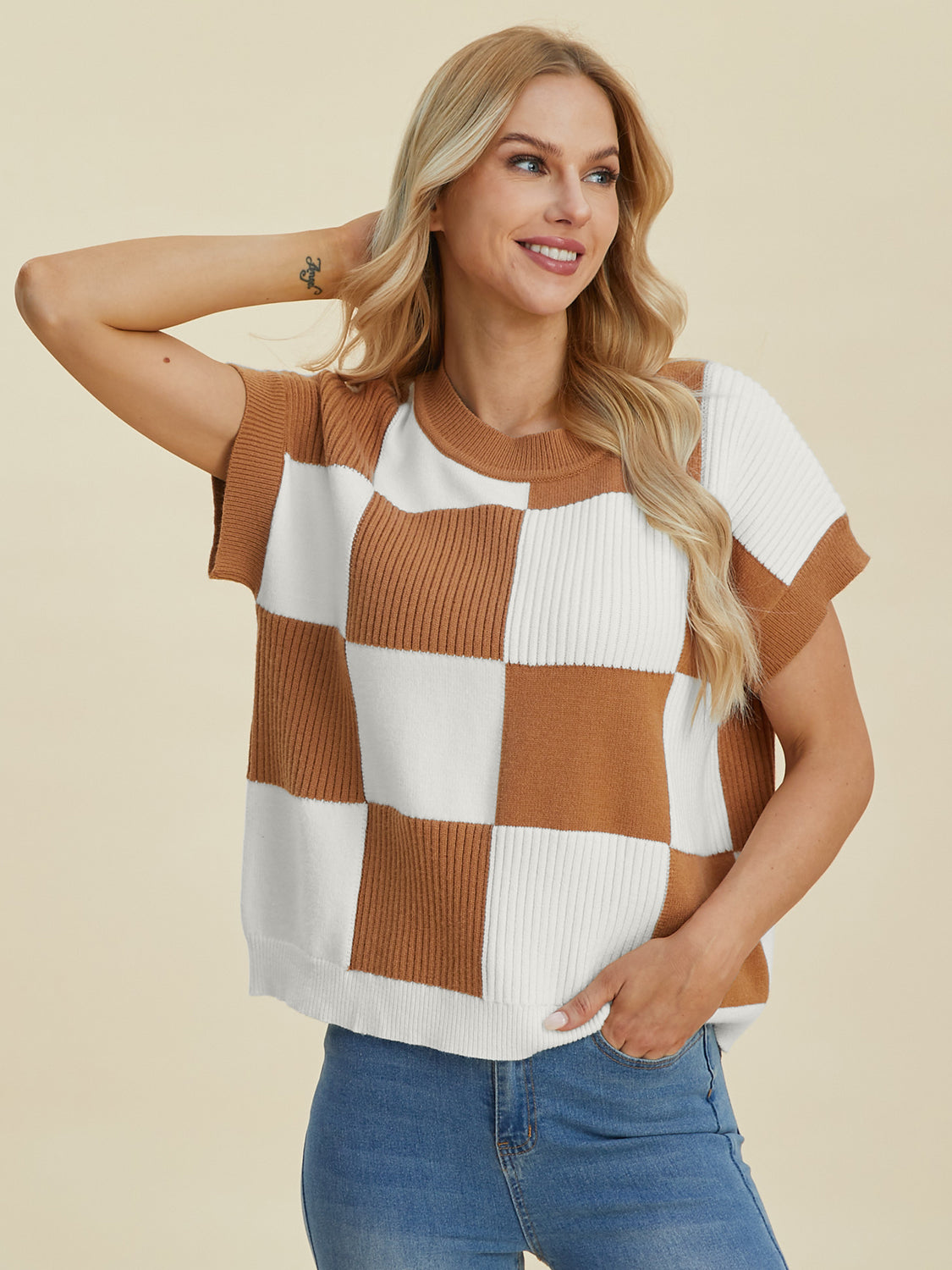 Double Take Full Size Checkered Round Neck Short Sleeve Sweater - Charming Charlie
