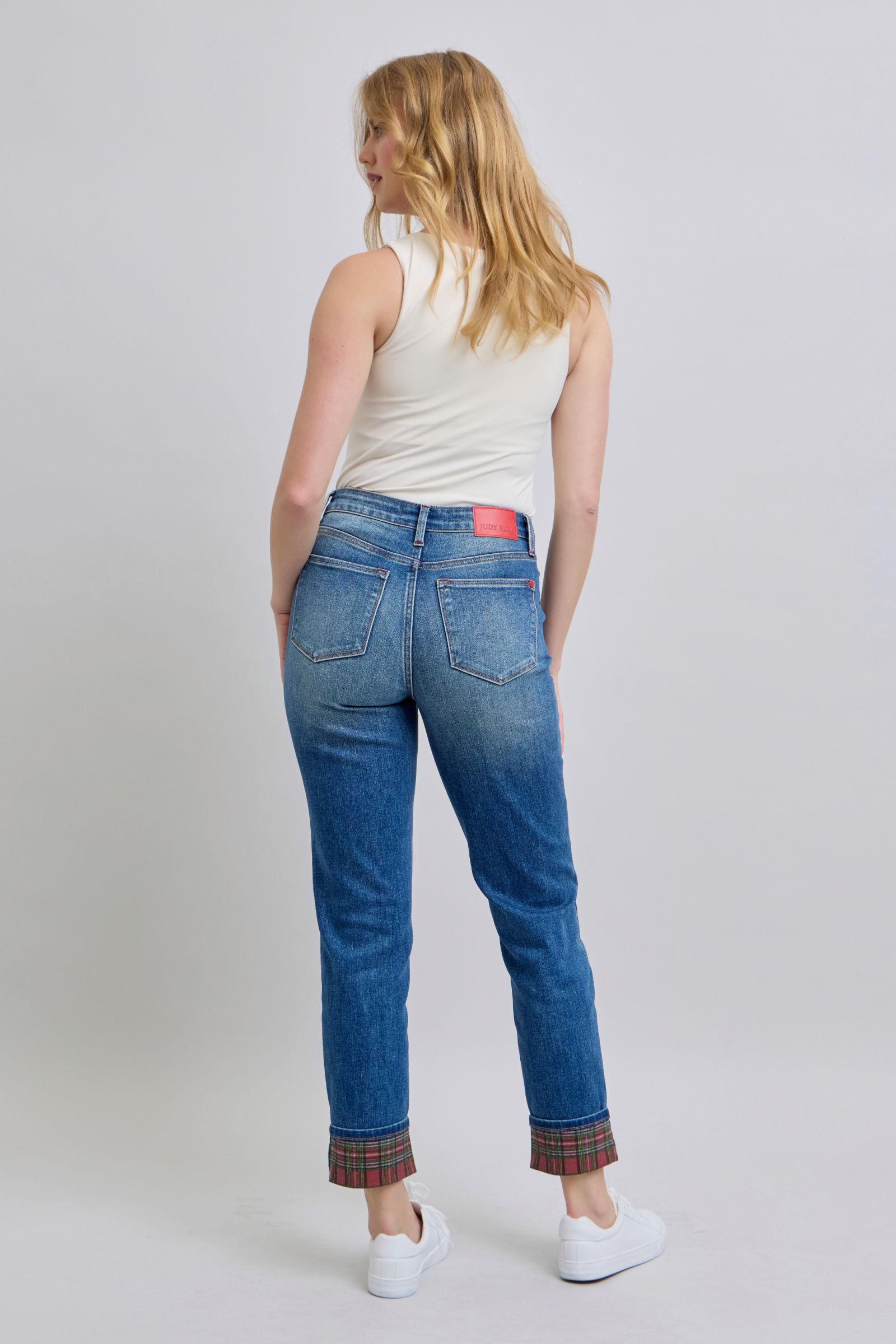 Judy Blue Full Size Plaid Print Cuff Straight Leg Jeans with Pockets - Charming Charlie