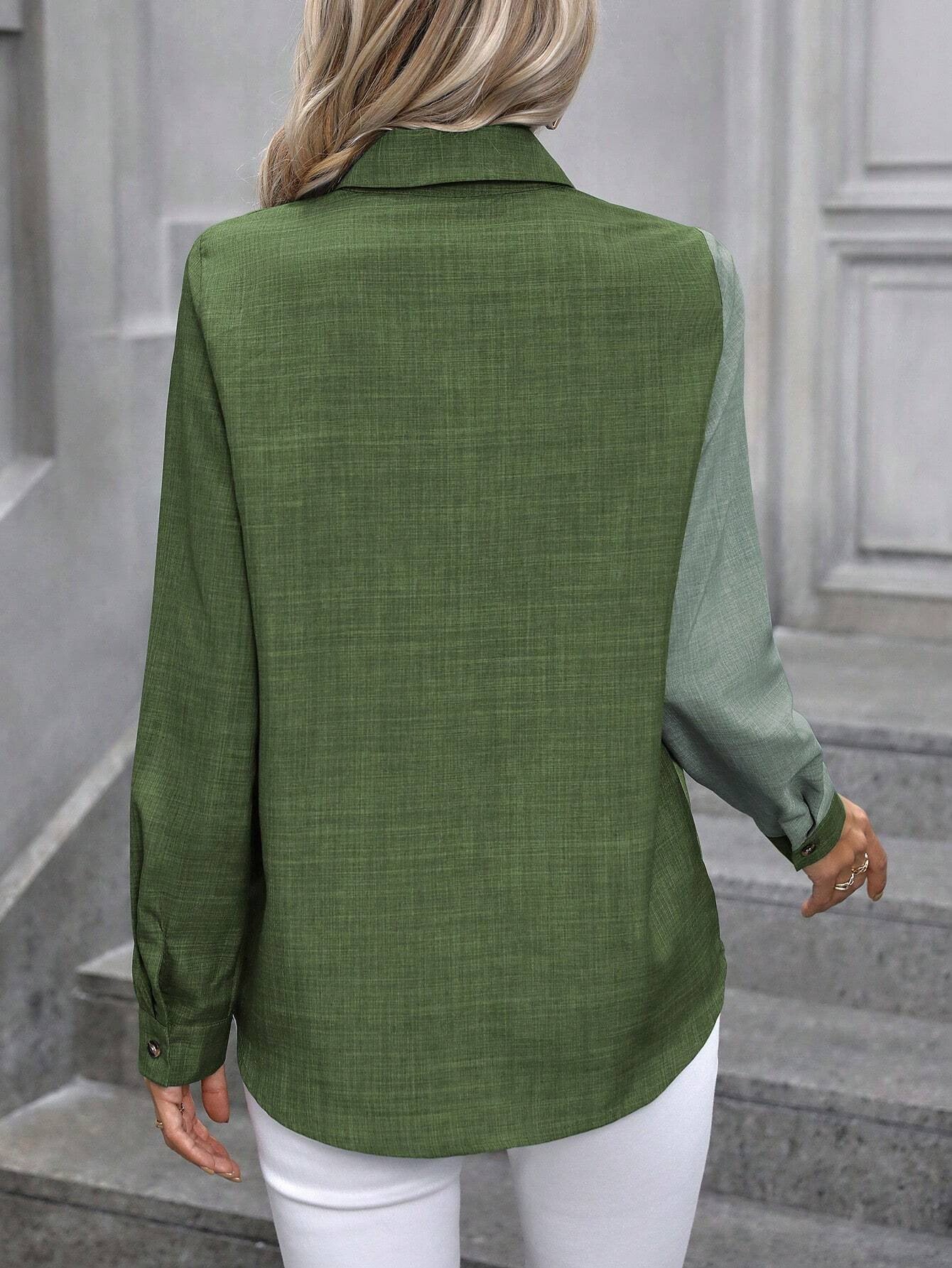 Contrast Collared Neck Long Sleeve Shirt - Charming Charlie