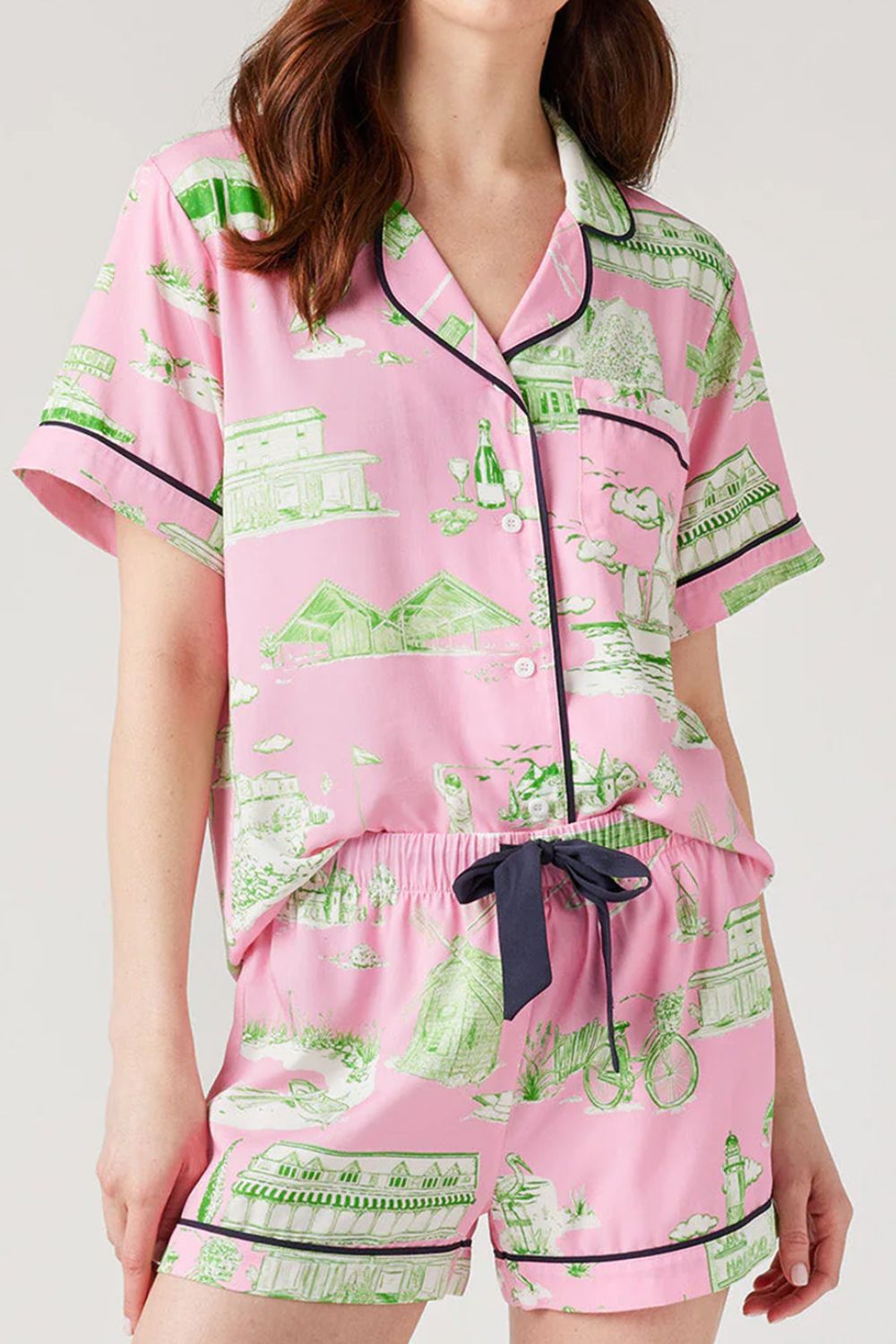 Collared Neck Printed Top and Drawstring Shorts Lounge Set - Charming Charlie