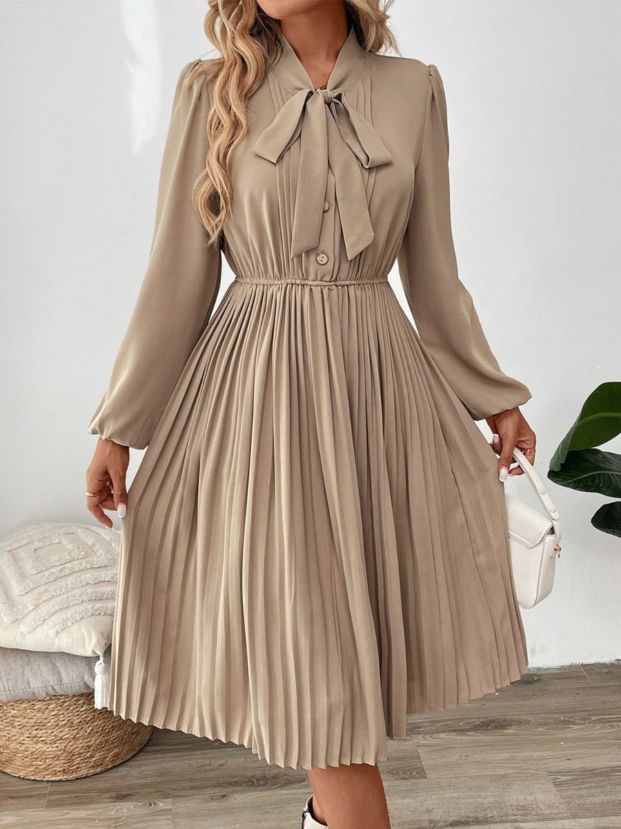 pleated dress for women Perfee Pleated Tie Neck Long Sleeve Dress – Charming Charlie