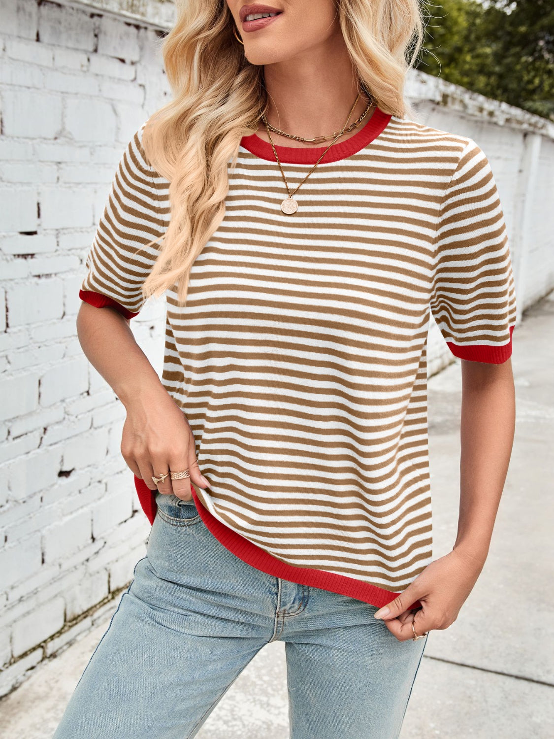 Lovelet Striped Contrast Round Neck Half Sleeve Knit Top - Charming Charlie