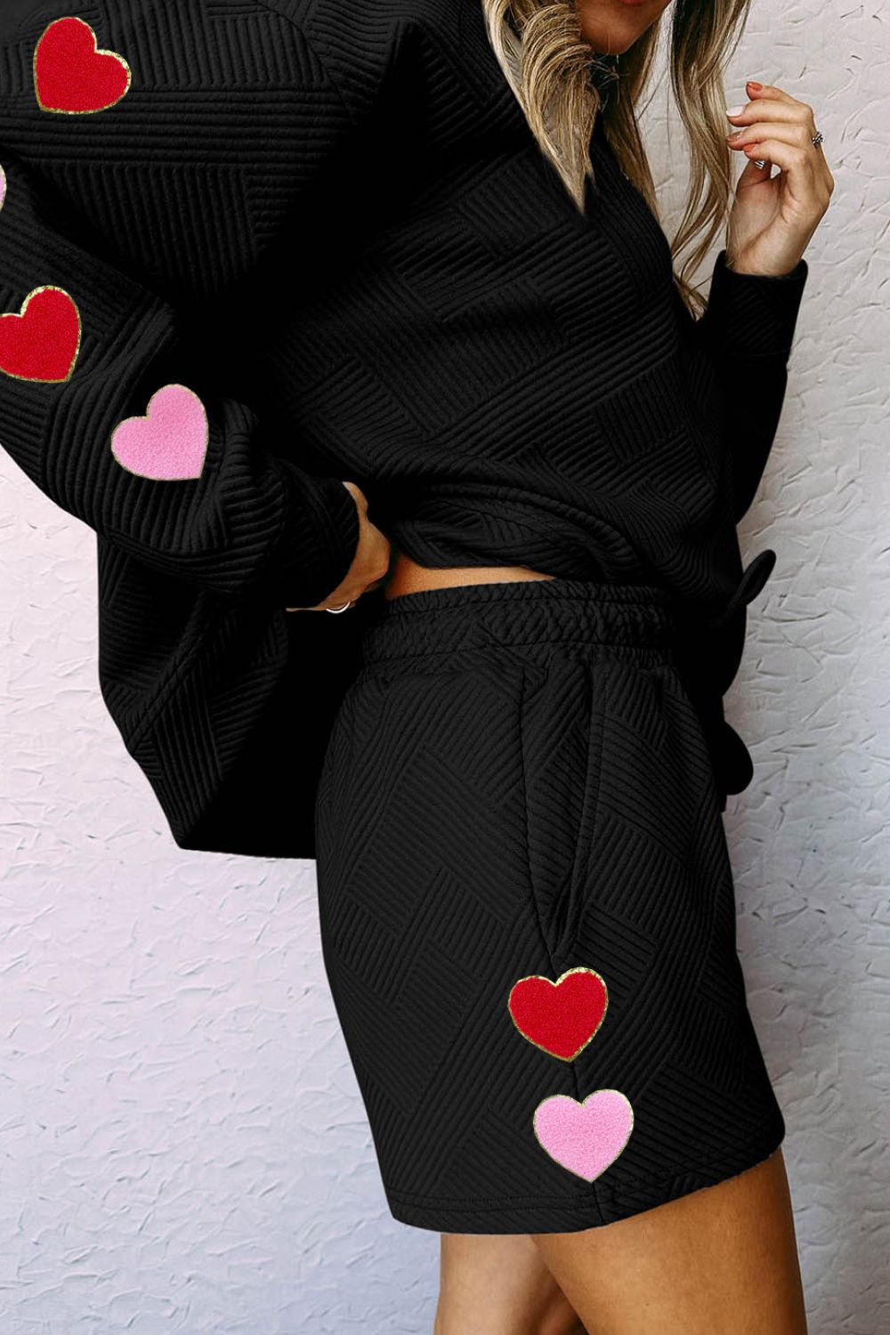 Heart Texture Round Neck Top and Drawstring Shorts Set - Charming Charlie