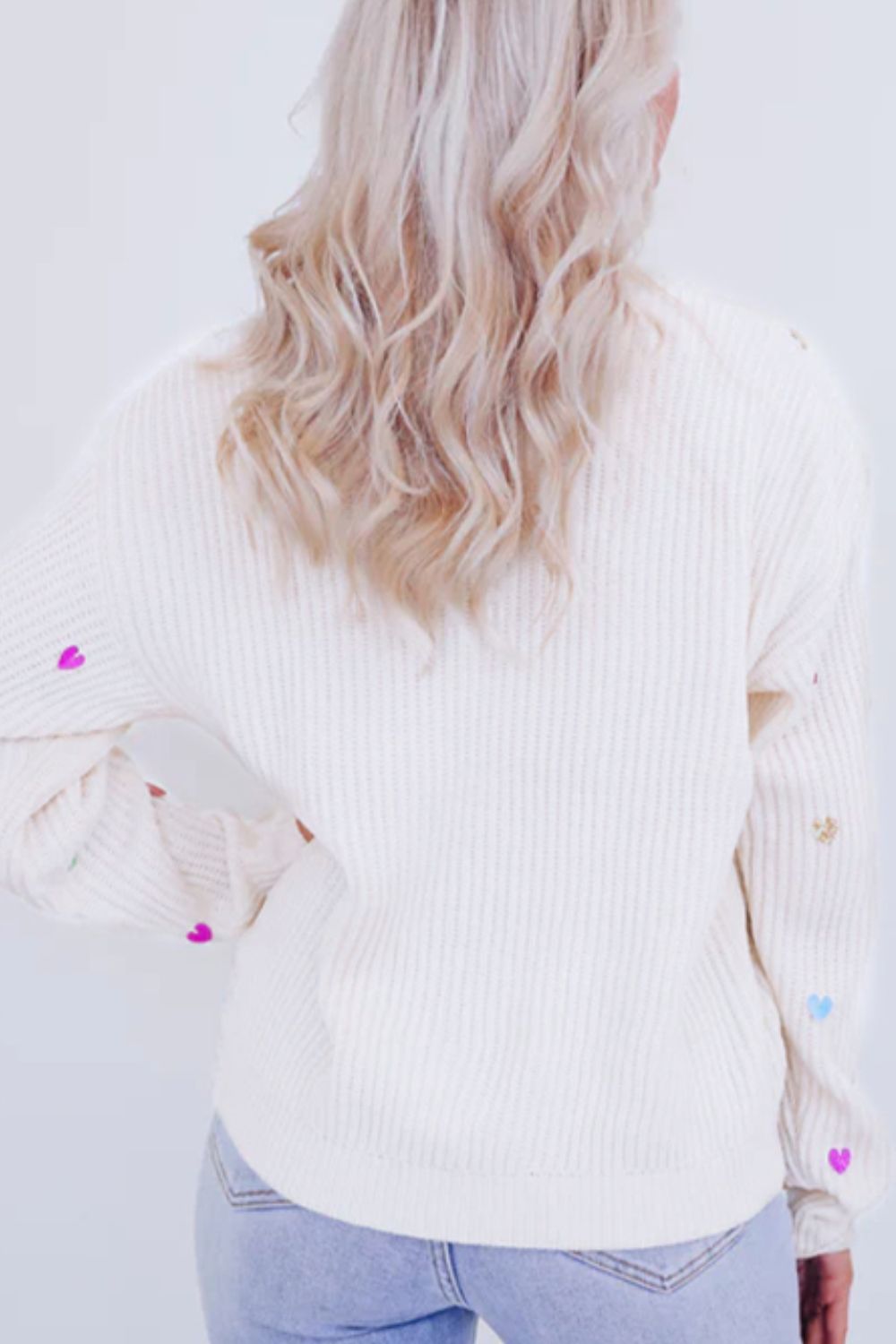 Heart Sequin Round Neck Long Sleeve Sweater - Charming Charlie
