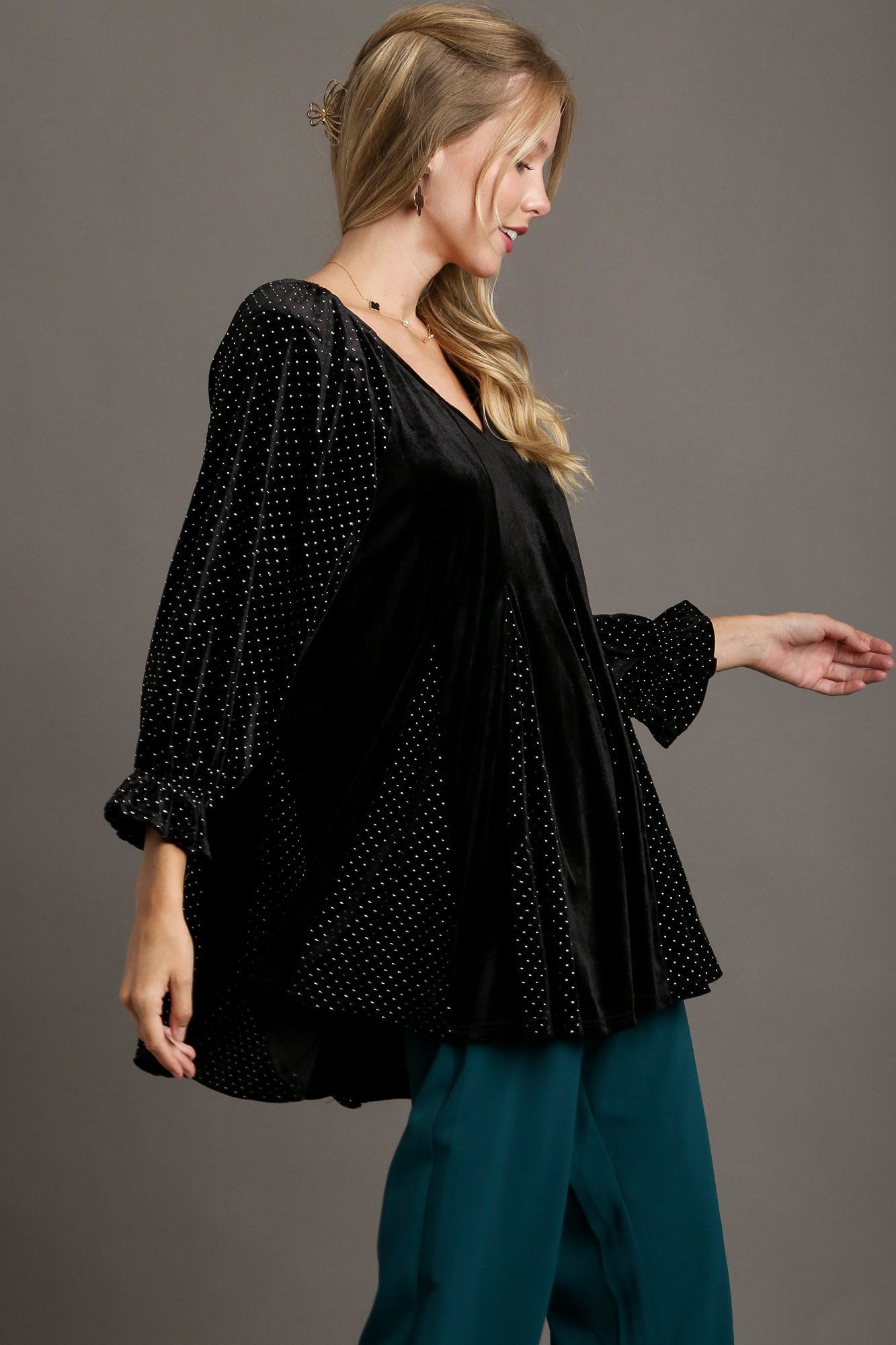 Umgee Godet Hem Polka Dot V-Neck Blouse - Charming Charlie