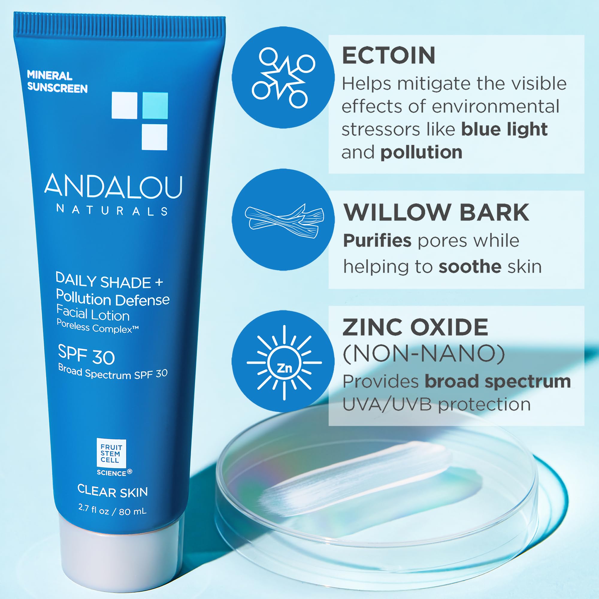 Andalou Naturals Daily Shade Face Sunscreen, SPF 30 Zinc Oxide Mineral Sunscreen, Sun + Pollution Defense Face Lotion, Helps Minimize Look of Pores, Matte Finish & Lightweight - 2.7 Fl. Oz. - Charming Charlie