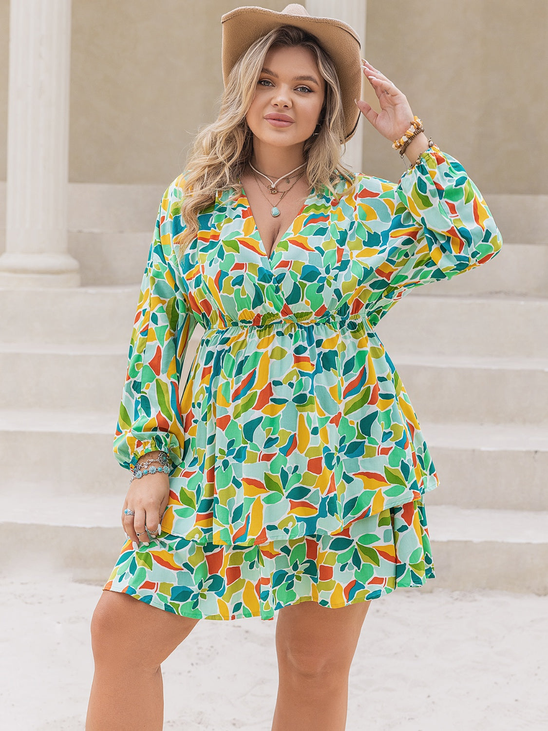 Plus Size Printed Surplice Long Sleeve Mini Dress - Charming Charlie