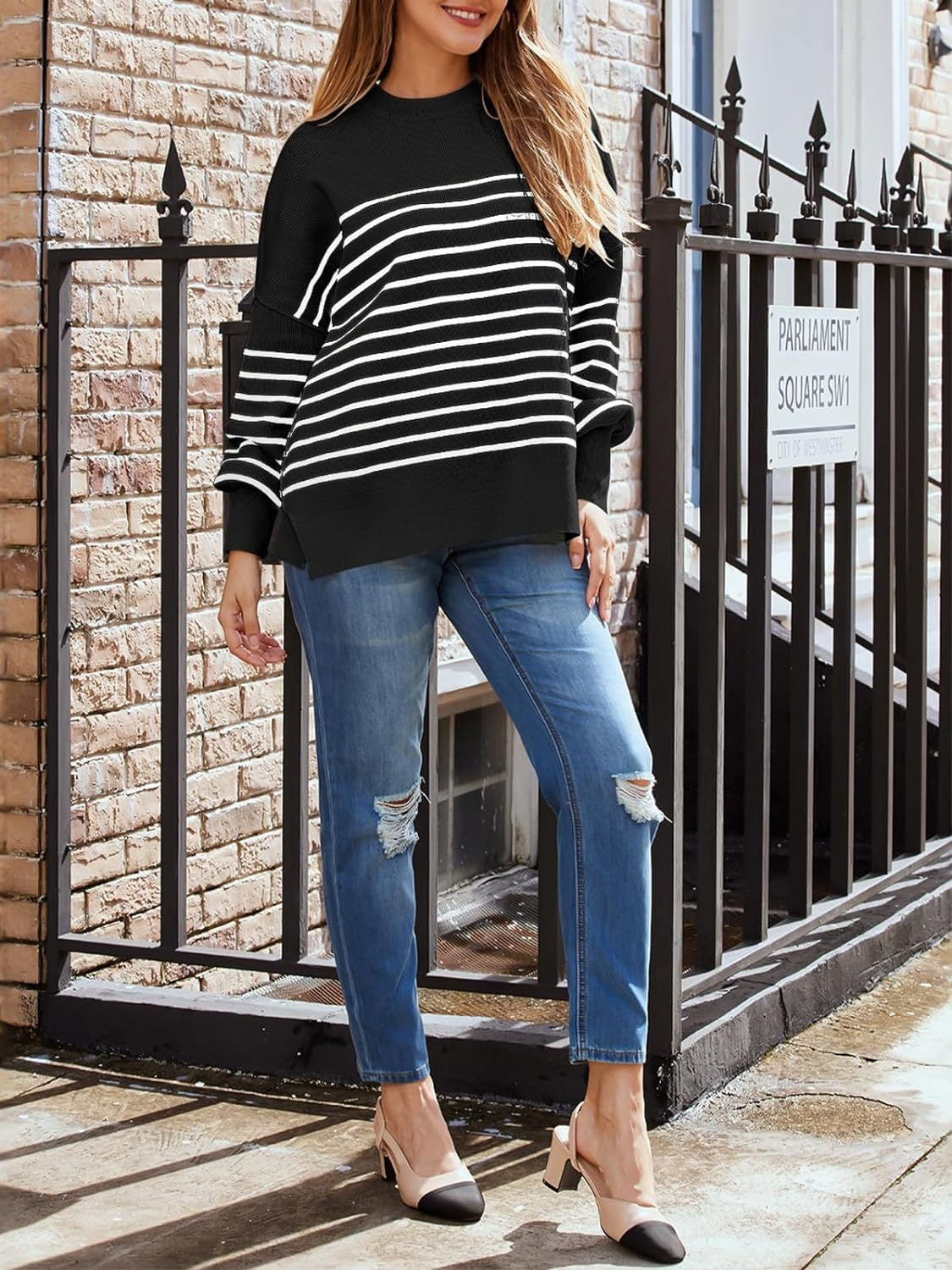 Striped Round Neck Long Sleeve Sweatshirt - Charming Charlie