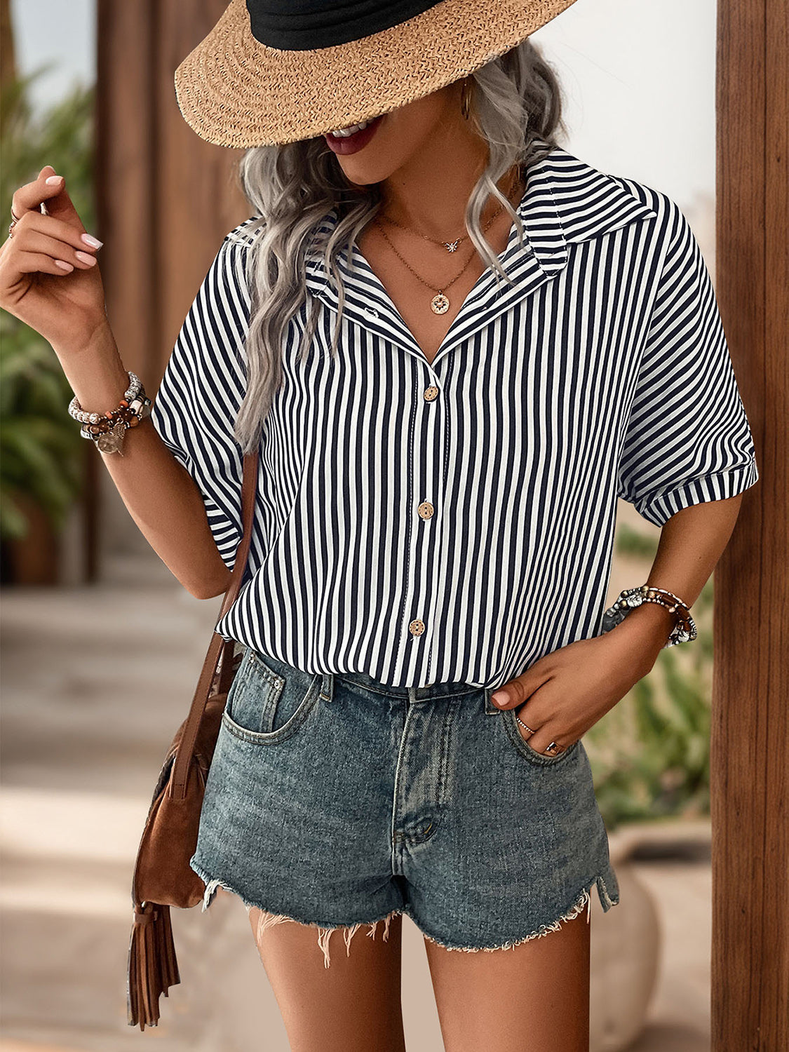 Striped Collared Neck Half Sleeve Shirt - Charming Charlie