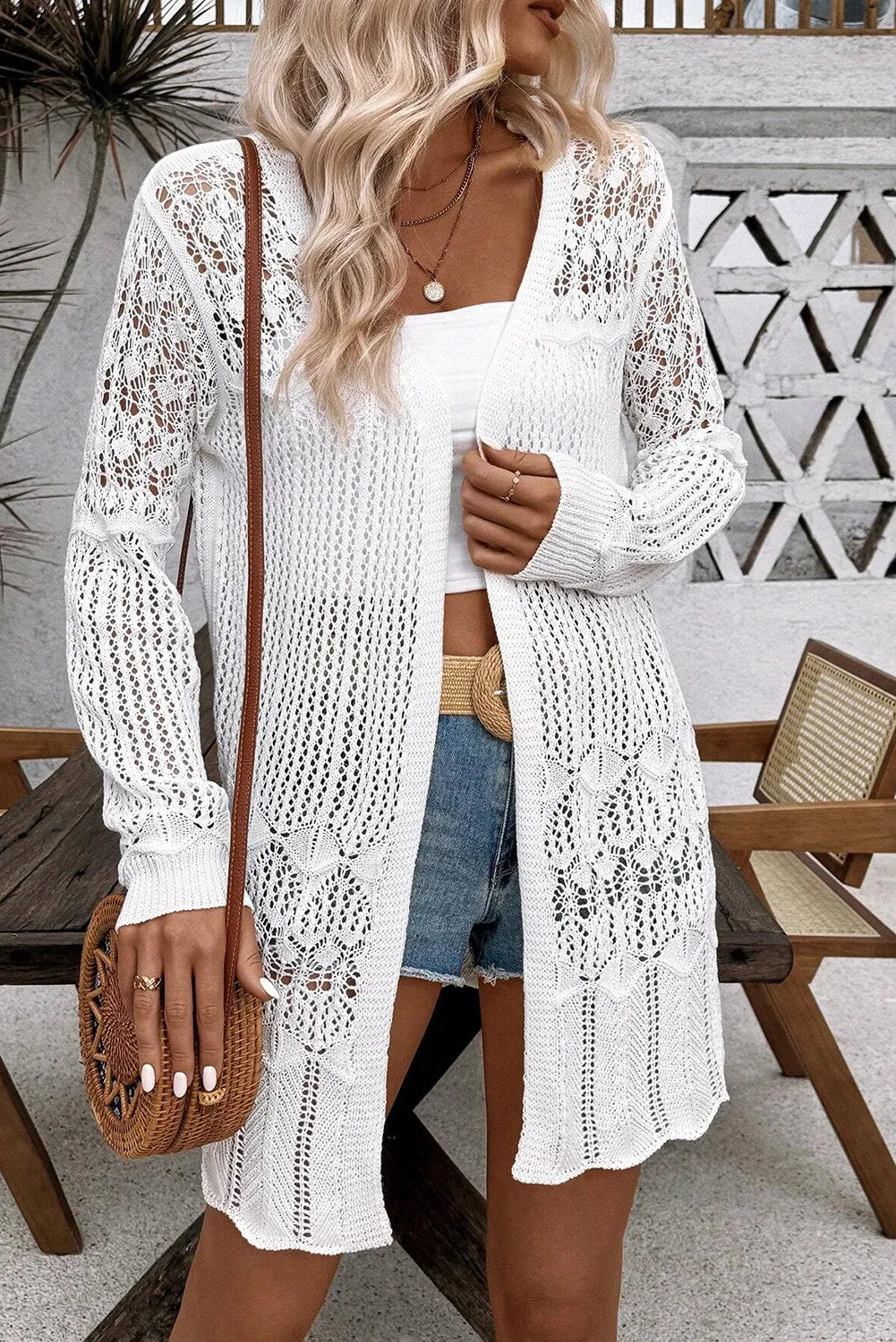 Openwork Open Front Long Sleeve Cardigan - Charming Charlie