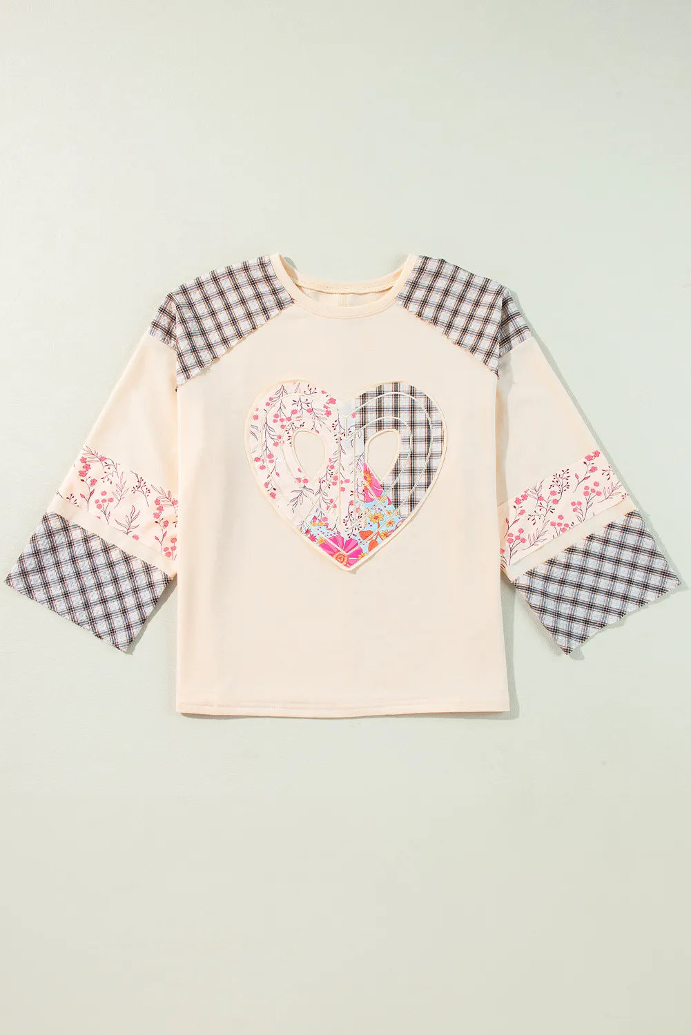 Heart Plaid Round Neck Long Sleeve Blouse - Charming Charlie