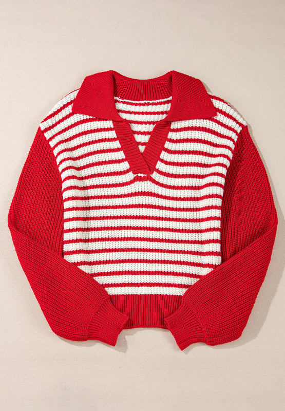 Striped Johnny Collar Long Sleeve Sweater - Charming Charlie