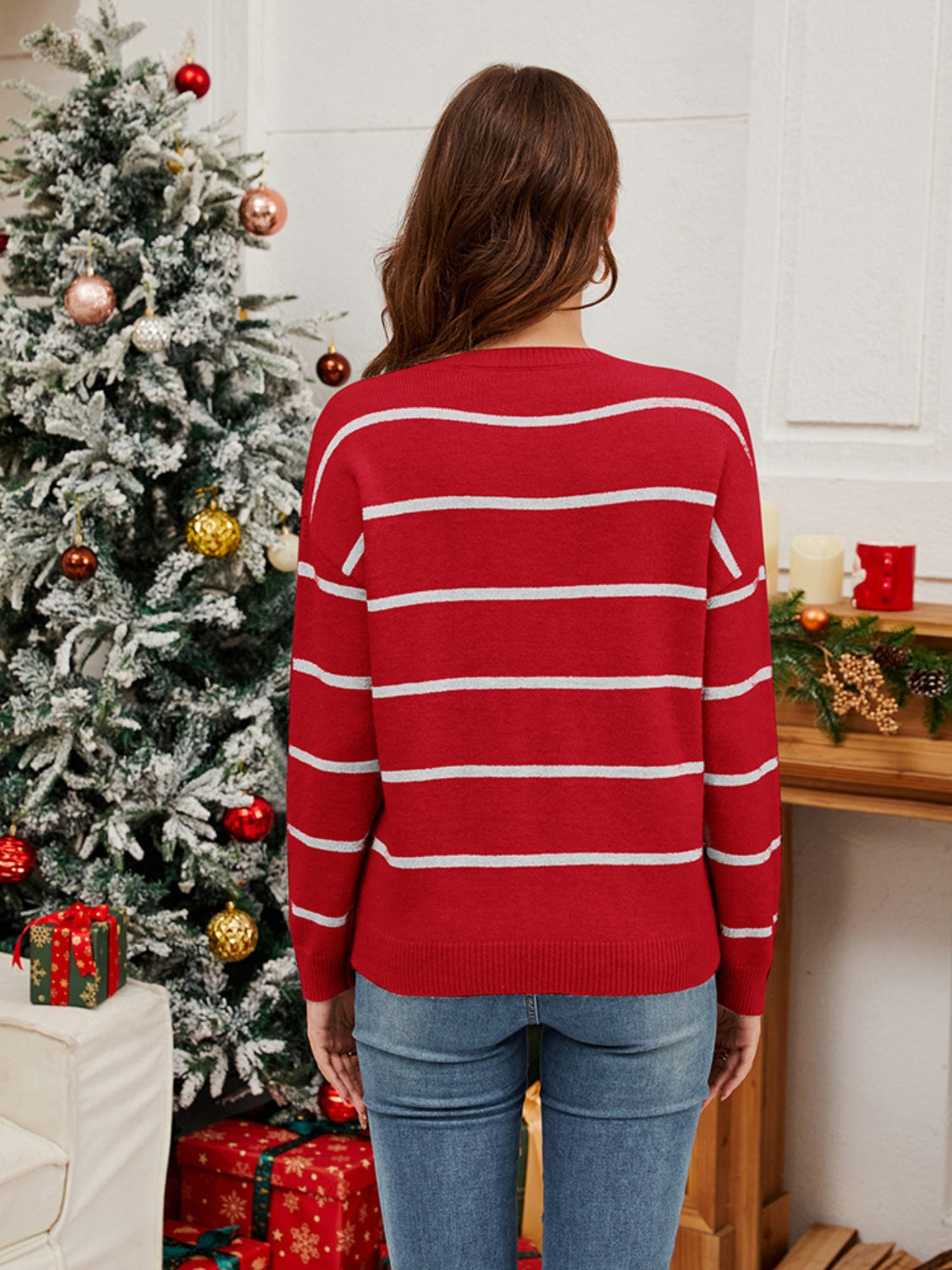 Sequin Santa Striped Round Neck Long Sleeve Sweater - Charming Charlie