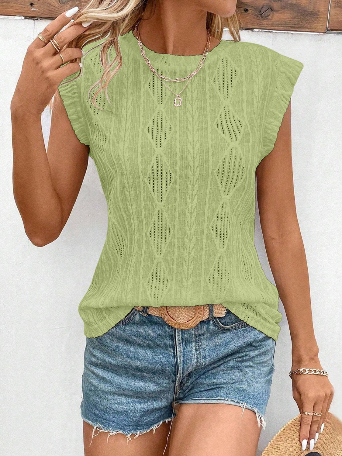 Openwork Round Neck Cap Sleeve Top - Charming Charlie