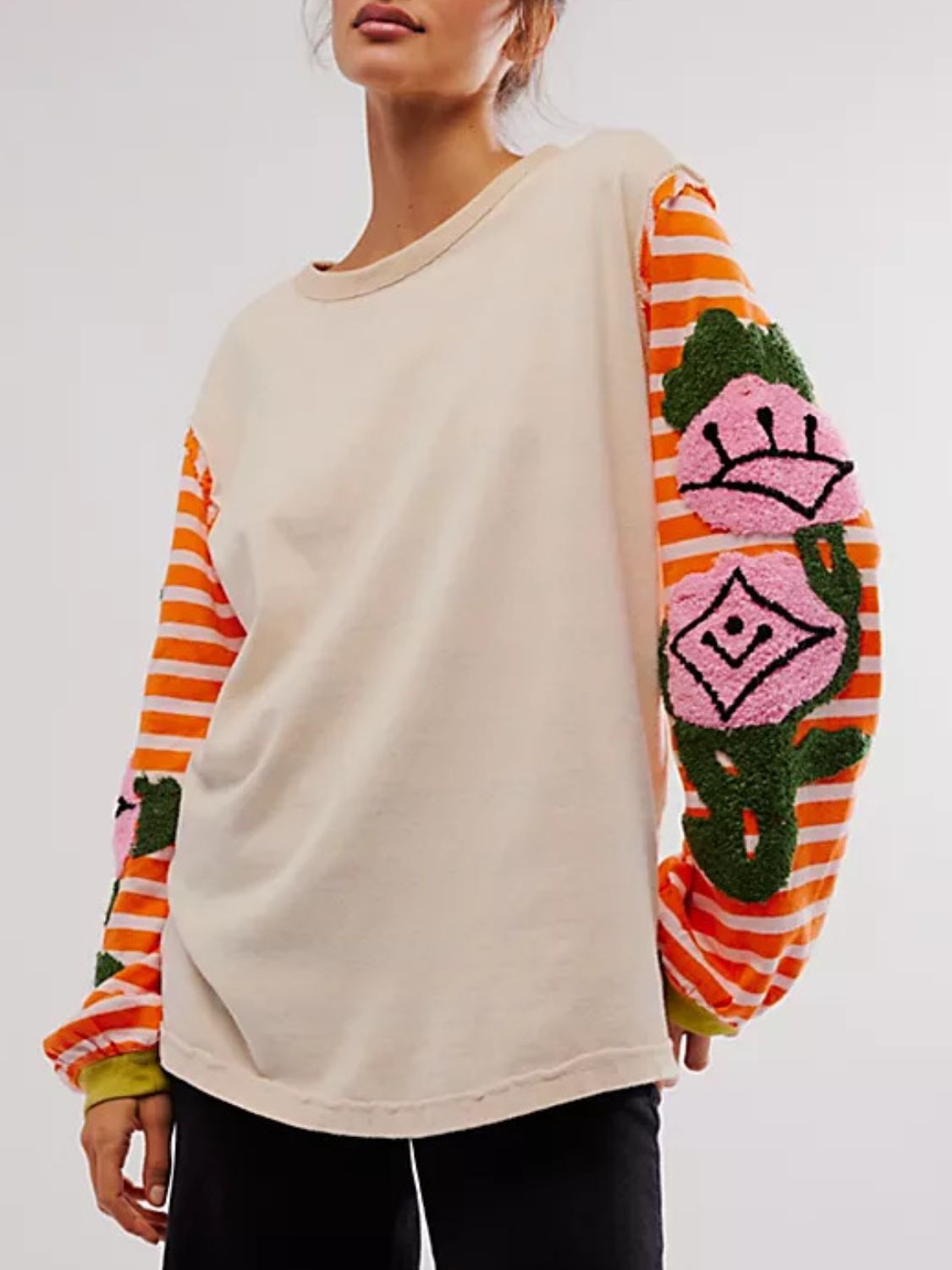 Striped Round Neck Long Sleeve Sweatshirt - Charming Charlie