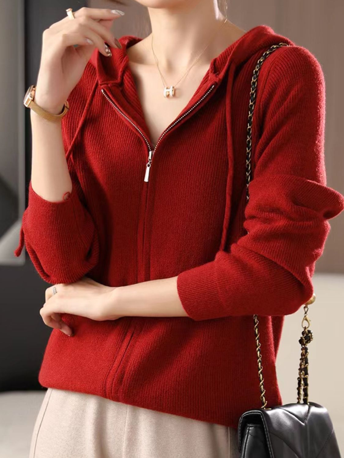 Drawstring Zip Up Long Sleeve Hooded Sweater - Charming Charlie