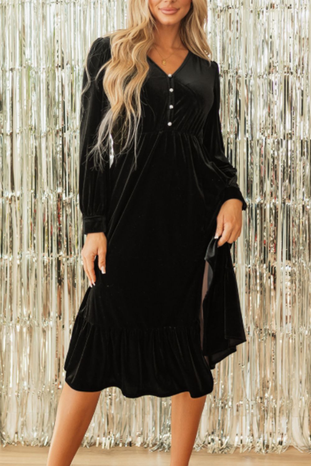 Ruffle Hem Slit V-Neck Long Sleeve Dress - Charming Charlie
