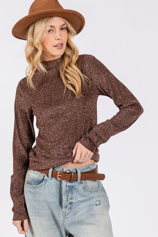 SAGE + FIG Glitter Mock Neck Lettuce Hem Long Sleeve Top - Charming Charlie