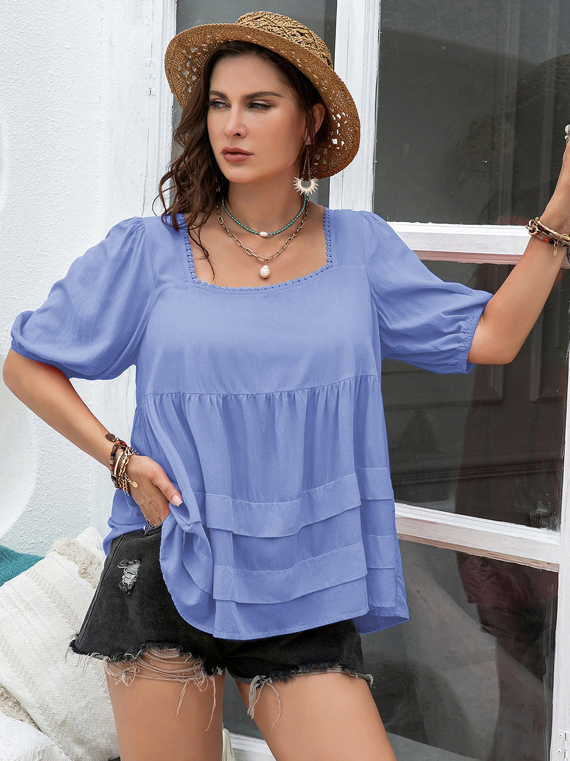 Plus Size Square Neck Half Sleeve Blouse - Charming Charlie