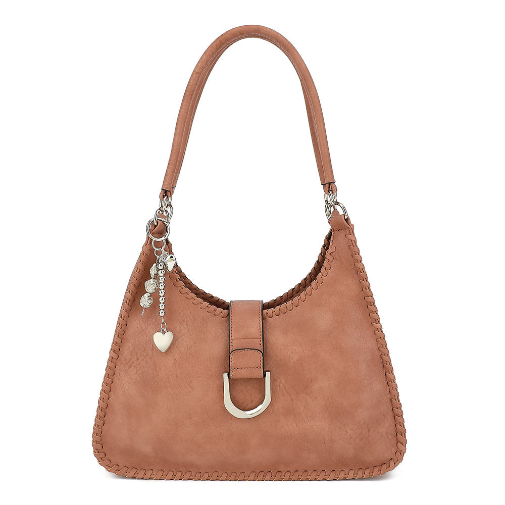 Double Handle Satchel with Whipstitch Detail and Charm - Charming Charlie