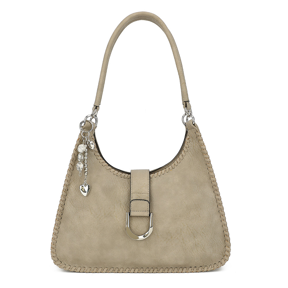 Double Handle Satchel with Whipstitch Detail and Charm - Charming Charlie