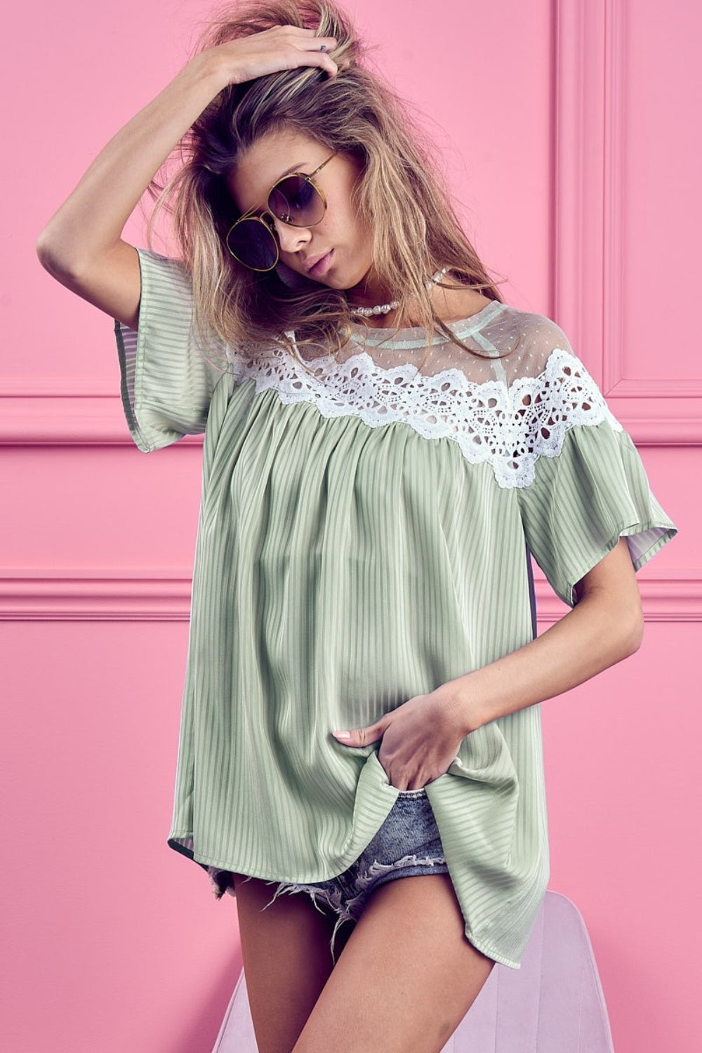 BiBi Lace Detail Short Sleeve Striped Blouse - Charming Charlie