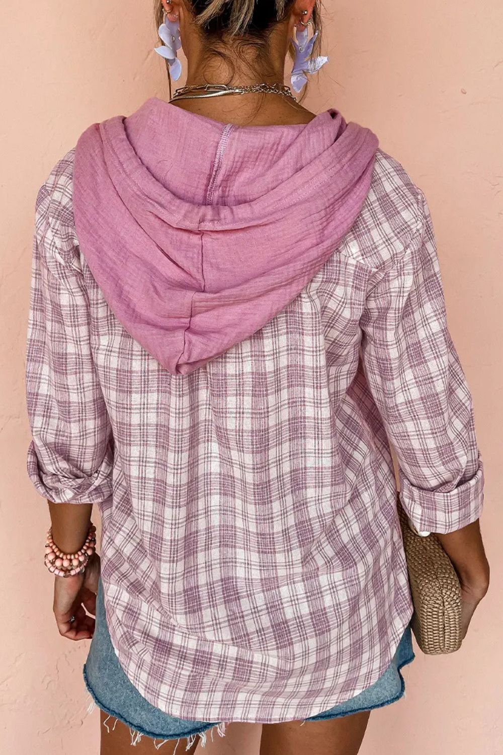 Drawstring Button Up Hooded Jacket - Charming Charlie