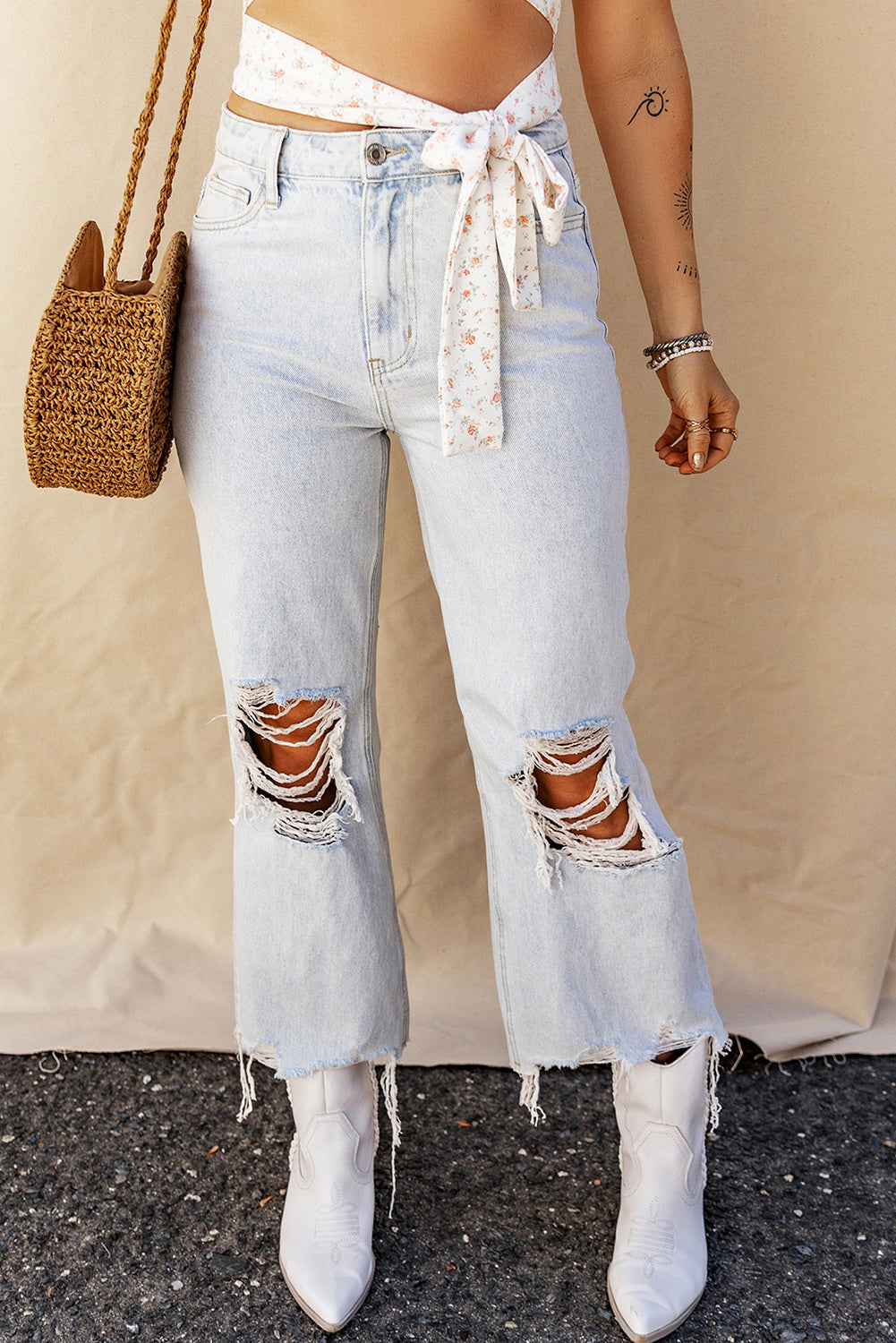 Distressed Raw Hem Jeans with Pockets - Charming Charlie