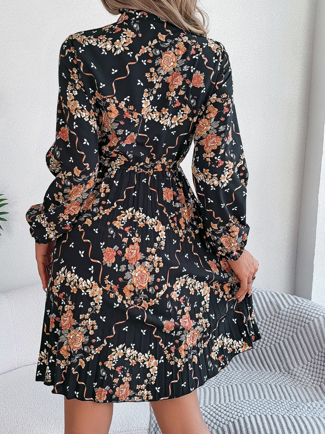 Pleated Printed Tie Neck Long Sleeve Dress - Charming Charlie