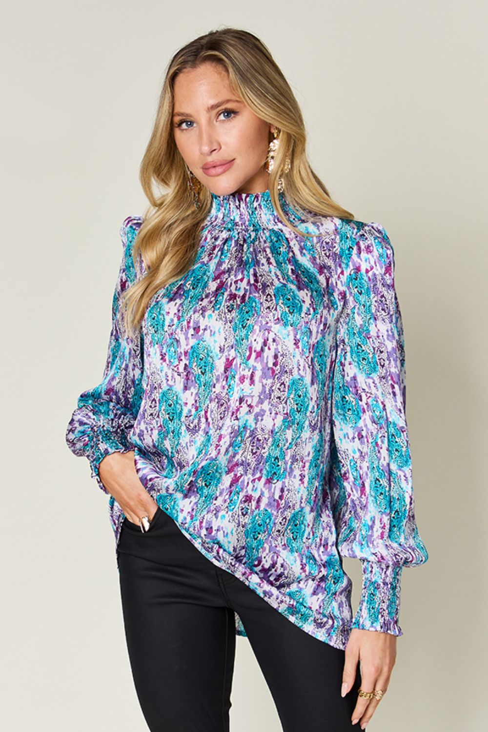 Double Take Full Size Printed Smocked Long Sleeve Blouse - Charming Charlie
