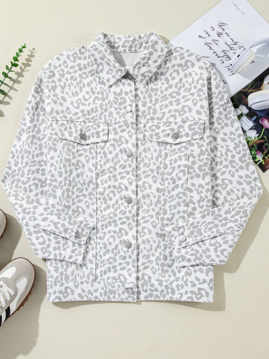 Leopard Button Up Long Sleeve Denim Jacket - Charming Charlie