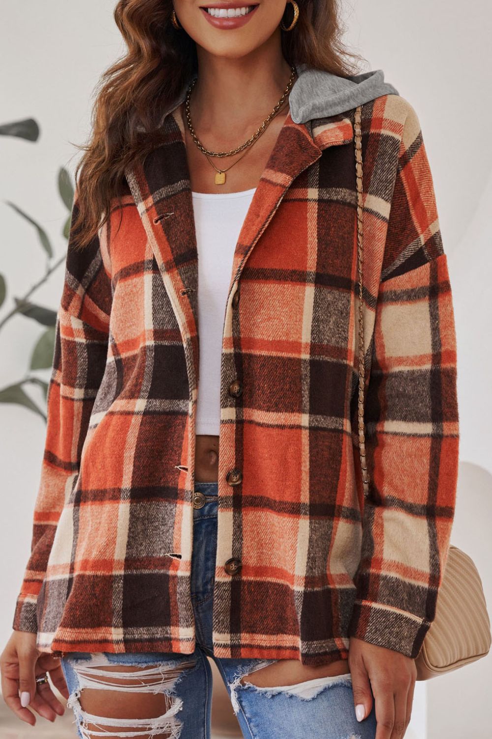 Plaid Button Up Hooded Shacket - Charming Charlie
