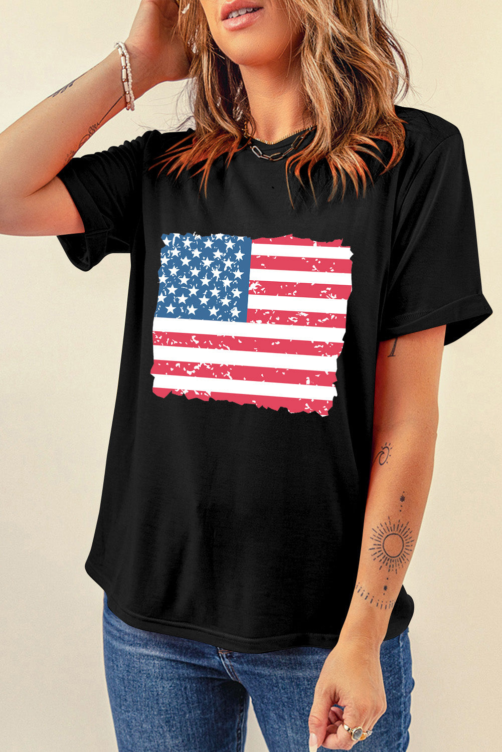 US Flag Round Neck Short Sleeve T-Shirt - Charming Charlie