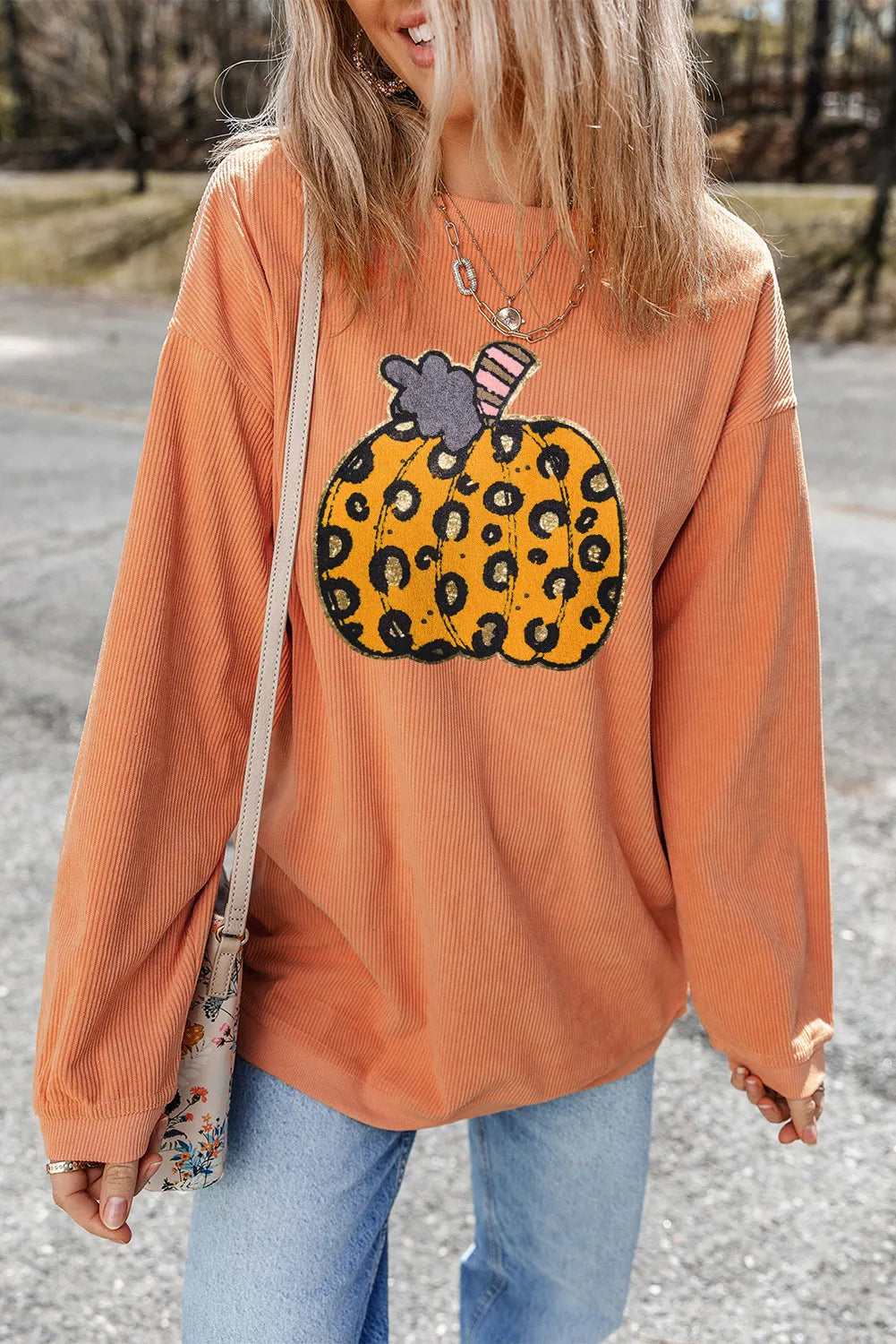 Pumpkin Round Neck Long Sleeve Sweatshirt - Charming Charlie